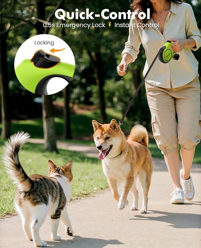 Pecute16ft Retractable Dog Leash with Chew Proof Extender 18'', Lightweight Dog Retractable Leash with Poop Bag Holder, Anti-Slip Grip, Leashes for Puppy and Medium Dogs 11lbs-66lbs (Green)