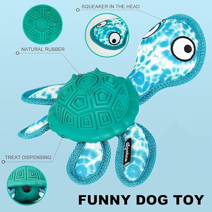 Squeaky Turtle Dog Toy, Treat Dispensing Rubber Ball, Bite Resistant Plush Chew Toy, Interactive Tug & Fetch Enrichment Toy for Medium & Small Breeds, Safe & Engaging for Puppies (Green)