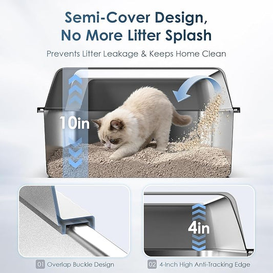 Small Stainless Steel Litter Box with Lid, 17.3x13.4x10 Inches Kitty Litter Box for Kittens & Small Pets, Enclosed Metal Cat Litter Box for Leak Proof, Easy-Clean Non-Stick, Odor Control