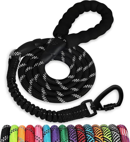 Rope Dog Leash 3 FT: Heavy Duty Leashes with Swivel Lockable Hook Reflective Threads Bungee and Padded Handle - Dog Lead for Large Small Medium Dogs Outside Walking Hiking Black