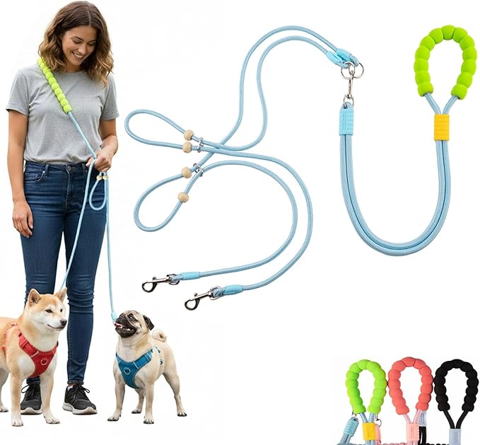 Hands Free Dog Leash, Double Leash for 2 Dogs, Crossbody Wear with Adjustable Length Split Leads and Padded Handles