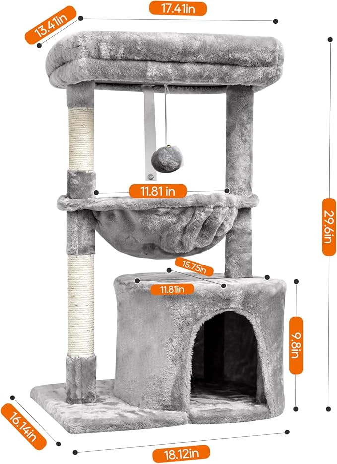 SYANDLVY Small Cat Tree for Indoor Cats, Activity Cat Tower with Scratching Post for Kittens, Modern Cat Furniture with Basket & Hanging Ball for Play Rest, Grey