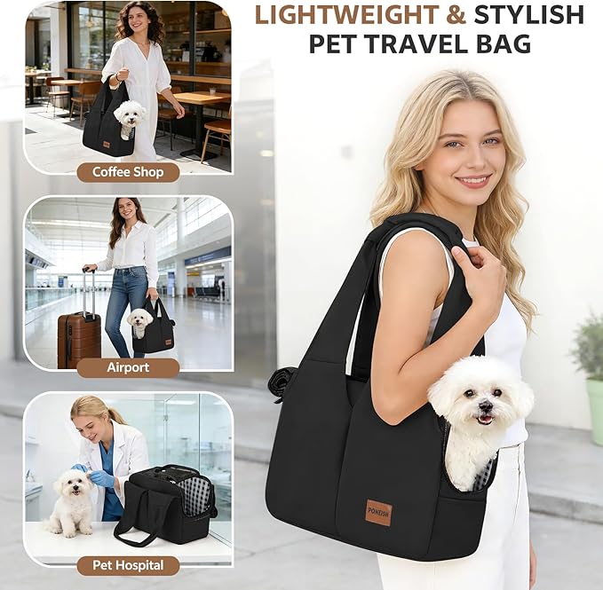 Dog Purse Carrier for Small Dogs and Cats, Soft-Sided Pet Tote Bag with 6 Large Pockets, Collapsible Travel Puppy Carrier, Fits Pets up to 13 lbs (Black, 15.7" L x 8" W x 11.8" H)