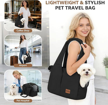 Dog Purse Carrier for Small Dogs and Cats, Soft-Sided Pet Tote Bag with 6 Large Pockets, Collapsible Travel Puppy Carrier, Fits Pets up to 16 lbs (Black, 17.5" L x 8" W x 12" H)