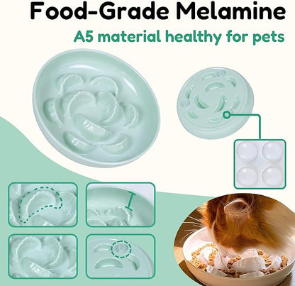 2 Pcs Cat Slow Feeder Bowl Set - Unbreakable Melamine Cat Food Plates for Slow Eating - Cute Kitten Plates for Wet & Dry Food- Whisker Friendly & Dishwasher Safe & Non Slip Design (White + Green)