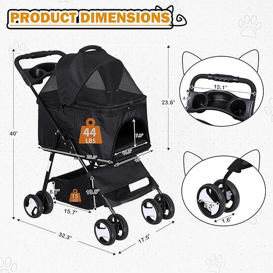 Pet Stroller 4 Wheels Dog Cat Stroller, Detachable Carrier Travel Folding Carrier for Small Medium Dog Cats (Black)