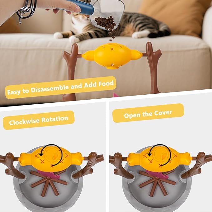 Cat Slow Feeder, Interactive Cat Puzzle Toy Treat Dispenser - BBQ Campfire Grill Design, Adjustable Rotating Roast Fish Flame Mental Stimulation Food Dispensing Toy for Indoor Cats Kittens