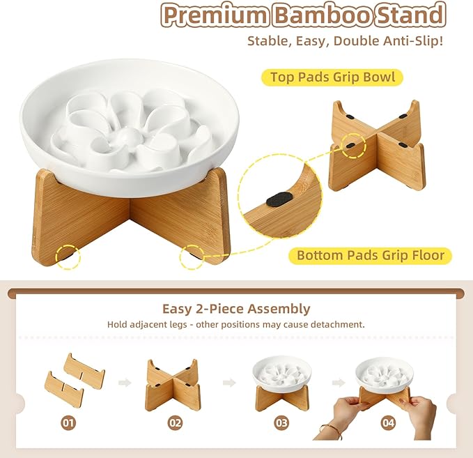 Elevated Slow Feeder Cat Bowl - Melamine Cat Dish with Anti-Slip Bamboo Stand - Whisker Friendly Feeding Bowl - Floral Maze Food Plate for Slow Eating - Green