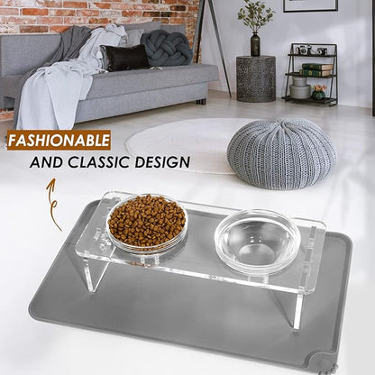 Elevated Dog & Cat Bowls – 3.75” Acrylic Raised Pet Feeder Stand with 2 Stainless Steel & 2 Glass Bowls – Food & Water Dish Set for Puppy/Small Dogs & Cats