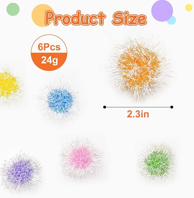 Andiker Cat Sparkle Balls, 6pcs 2.36 Inches Cat Pom Pom Ball Glitter Tinsel Kitten Balls Toy Foil Fuzzy Ball for DIY Craft Colorful Interactive Cats Toys for Indoor Cats to Keep Fit and Active (6Pcs)