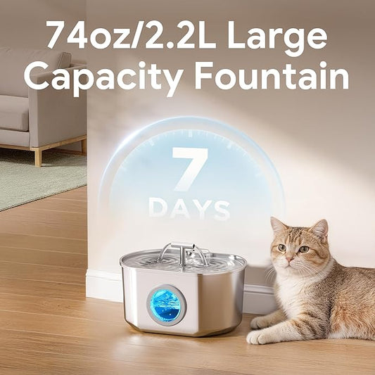 Cat Water Fountain Stainless Steel - Pet Drinking Fountain for Cats Indoor - 2.2L/74oz Automatic Water Dispenser with Watering Level Window (4 Filters)