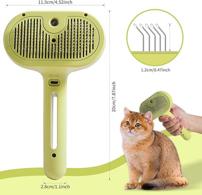 Cat/Dog Grooming Brush with Steamer - Deshedding Brush for Pet Hair, Bath Brush with Water Spray and Hair Comb (Yellow)