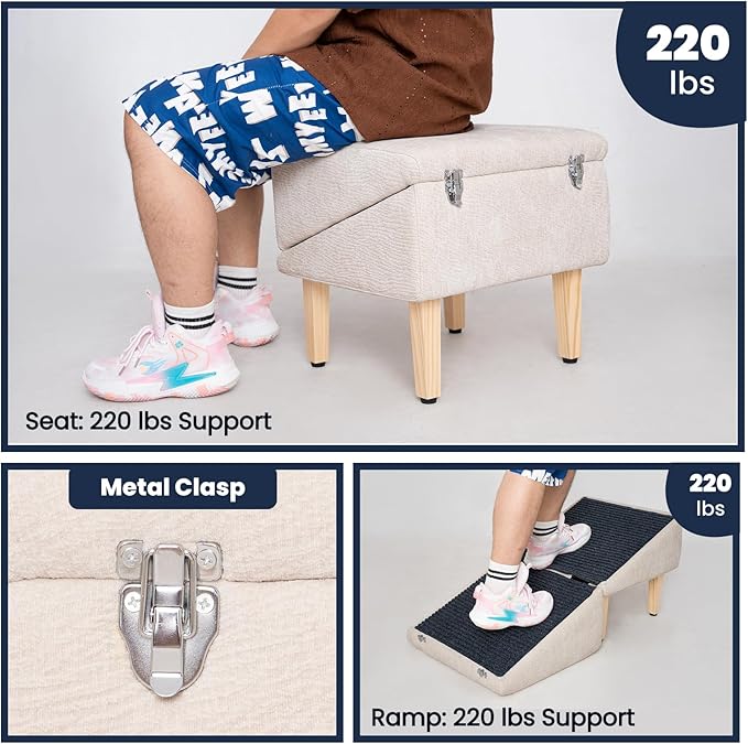 3-in-1 Dog Ramp 18.9"×17.7"×18.9" with Storage – Pet Stairs for Senior & Injured Dogs & Cats, Hidden Storage Footstool, Ottoman Anti-Slip, Supports 220 lbs for Beds & Sofas