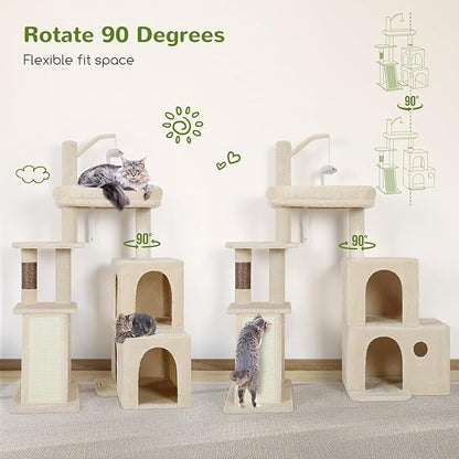 Globlazer F50 Cat Tower for Adult Indoor Cats, 50-inch Heavy Duty Cat Tree for Big Cats, Cat Tree House with Extra-Large Padded Platform, Sisal Scratching Board, 2 Large Condos, Beige