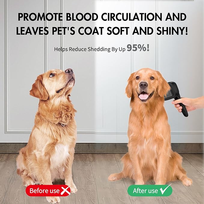 Dog Brush for Shedding, Self Cleaning Slicker Brush Ideal for Short Long Haired Dogs & Cats. Removes Loose Fur, Undercoat, Mats, Tangled Hair. Suit for Large Medium Small Animal, Black