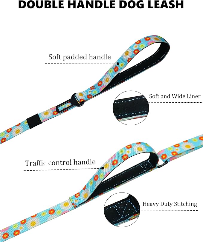 Hotsky Double Handle Dog Leash for Large Medium and Small Breed Dogs that Pull,Adjustable Nylon Heavy Duty Dog Leash with Car Seat Belt for Walking and Training,Daisy,4.5-6 FT