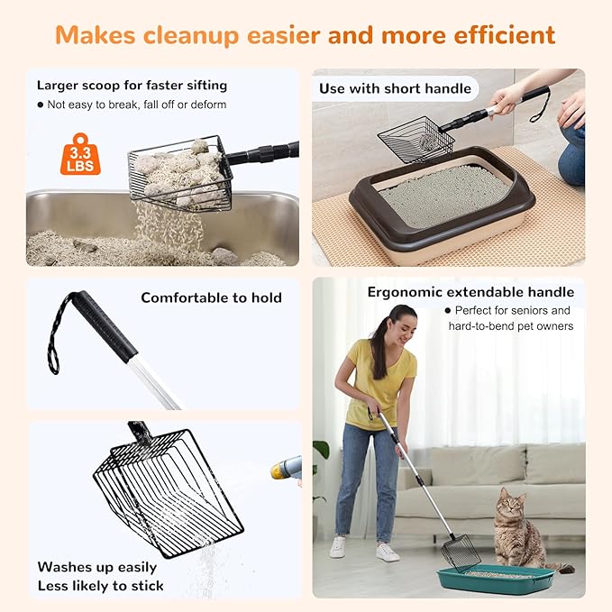 Metal Cat Litter Scoop with Holder, 43" Extendable Long Handle Cat Scooper for Litter Box, Solid & Durable, Deep Shovel for Fast Sifting, Large Pet Pooper Scooper for Kitty/Outside Dog Poop