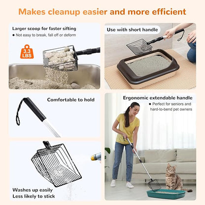 Metal Cat Litter Scoop with Holder, 43" Extendable Long Handle Cat Scooper for Litter Box, Solid & Durable, Deep Shovel for Fast Sifting, Large Pet Pooper Scooper for Kitty/Outside Dog Poop