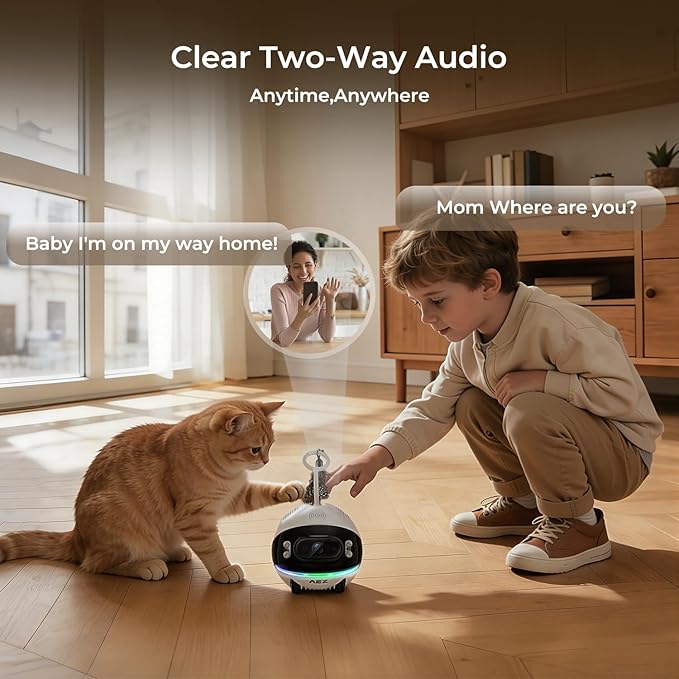 AEZ Robot Camera on Wheels 1080P Dual Lens,Indoor Movable Security Camera with 2-Way Talk,Blinky Bot with Night Vision,Distance Bot App Control for Cats/Dogs/Baby/Elderly (SD/Cloud Storage)