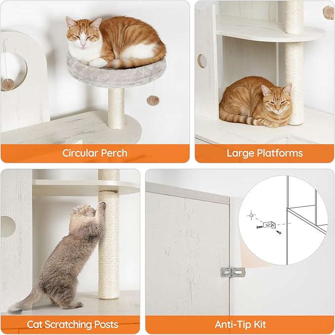 HOOBRO Cat Litter Box Enclosure Furniture for 2 Cats, 2 in 1 Hidden Litter Box Furniture with Sisal Scratching Posts and Dangling Balls, Double Litter Box Cabinet with Cat Tree, Indoor Cat House White