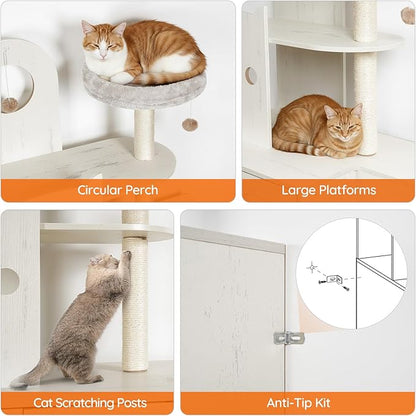 HOOBRO Cat Litter Box Enclosure Furniture for 2 Cats, 2 in 1 Hidden Litter Box Furniture with Sisal Scratching Posts and Dangling Balls, Double Litter Box Cabinet with Cat Tree, Indoor Cat House White