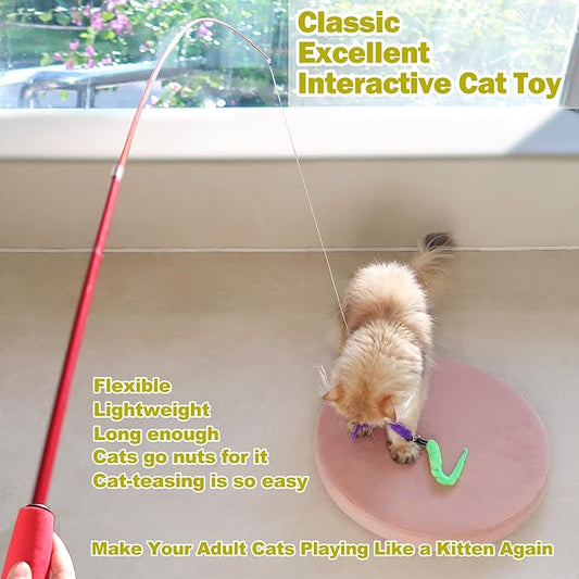 Cat Toys for Indoor Cats, Interactive Cat Toy 2PCS Retractable Wand Toy and 9PCS Cat Feather Toys Refills, Funny Kitten Toys Cat Fishing Pole Toy for Bored Indoor Cats Chase and Exercise