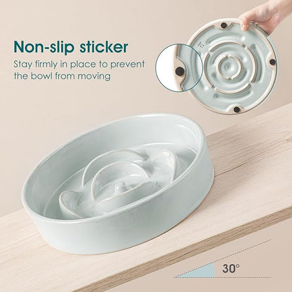 vancasso Slow Feeder Dog Bowl, 1.5 Cups Ceramic Dog Food Dish for Fast Eaters Small Breed, Puzzle Bowl for Small Dogs and Cats, Grayish Cyan