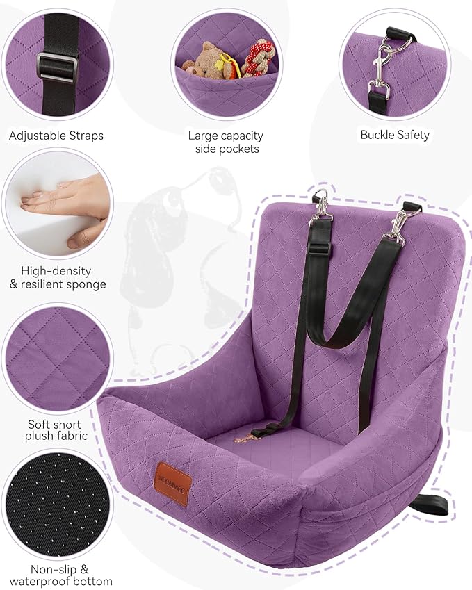 WOOAIDAGG Dog Car Seat for Small Dogs Up to 25lbs,Soft Washable Fabric Fill in Memory Foam,Easy to Assemble with 2 Clip-On Safety Leashes and Storage Pockets,Front or Back Seat are Both OK(Purple)