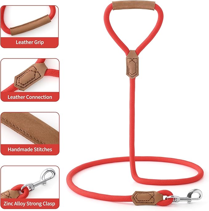Mile High Life Leather Dog Leash, Heavy Duty Strong Genuine Leather Handle Rope Leash Soft and Comfortable for Small Medium Large Dogs (Red, 72 Inch)