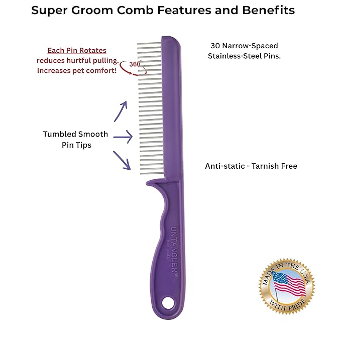 Super-Groom Combs with Smooth Rotating Teeth for Painless Mat Removal (Royal Purple, 30 Fine-Spaced teeth)