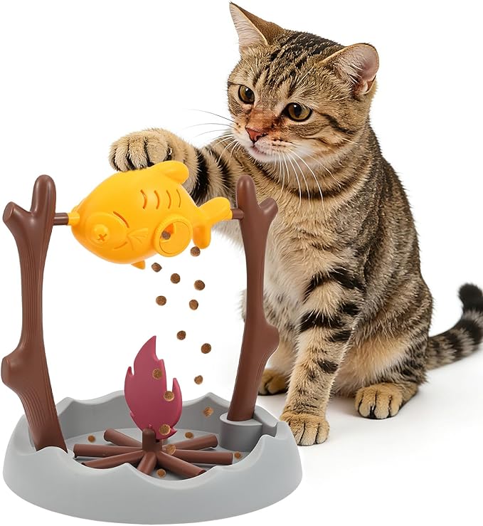 Cat Puzzles Feeder Toy, Cat BBQ Toy Treat Dispensing Slow Feeder Bowl Unique Rotatable Fish and Flame Cognitive Training Game Enrichment Interactive Stimulation Toys for Indoor Kitty