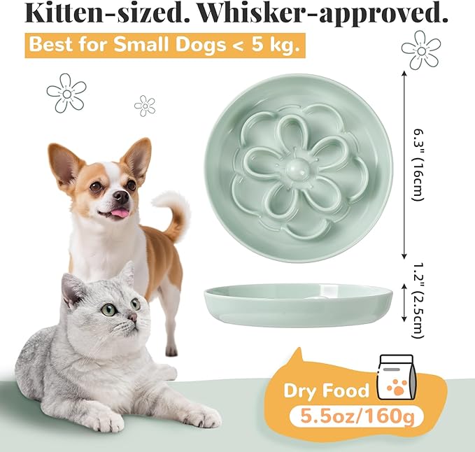 Melamine Cat Slow Feeder Bowl Set - Floral Maze Food Dishes for Cats and Small Dogs - Shallow Wide Plates for Dry & Wet Food - 3 Pack - White & Pink & Green