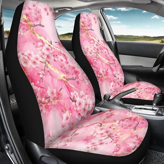 Cherry Blossom Car Front Seat Covers 2 PCS Pink Marble Print Vehicle Seat Cover Fit Most Cars, Sedan, SUV, Van Universal Automotive Accessory Decor