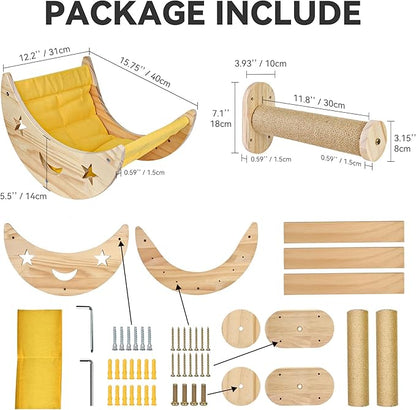 Wall Cat Bed Moon Hammock Wall Mounted Shelf with 2 Steps Climbing Sheves and Sisal Platforms Rope Scratching Post Wood Wall Furniture Bridge Ladder Wooden Indoor Cats Wall Bed-Moon Set