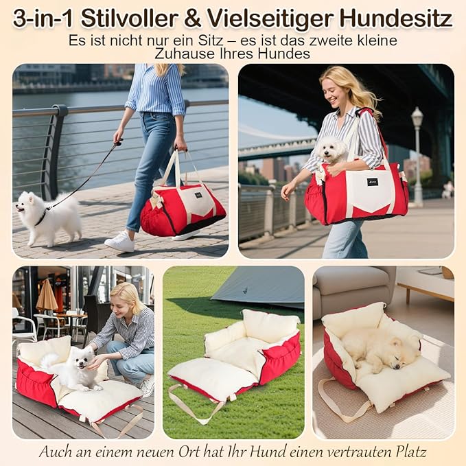 SIVES Dog Car Seat for Small Dogs, Soft Booster Seat Travel Bed with Side Flaps, Non-Slip Base, Seat Belt Straps + Safety Tether, Storage Pocket, Washable Cushion, Recommended Up to 33 lbs, Red