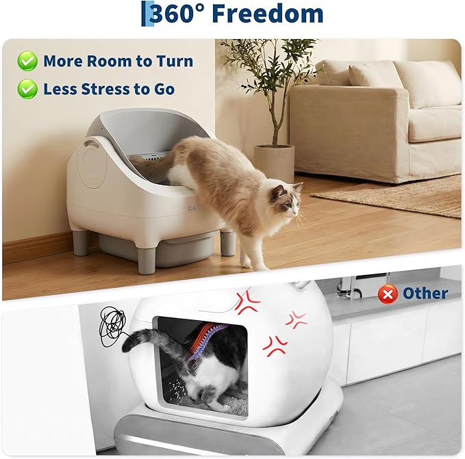 Self Cleaning Litter Box, Automatic Cat Litter Box with APP Control, Odor-Free Waste Disposal Includes Trash Bags, Large Waste Bin, Open-Top, for Multiple Cats, Light Grey