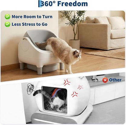 Self Cleaning Litter Box, Automatic Cat Litter Box with APP Control, Odor-Free Waste Disposal Includes Trash Bags, Large Waste Bin, Open-Top, for Multiple Cats, Light Grey