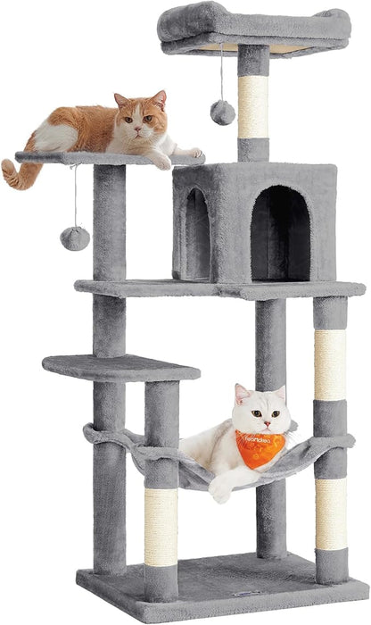 Feandrea Cat Tree, 55.1-Inch Cat Tower, Plush Multi-Level Condo with 4 Scratching Posts, 2 Perches, Hammock, Cave, Light Gray UPCT161W01