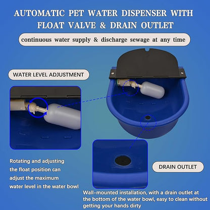 Automatic Dog Water Dispenser with Drain Valve, 1 Gallon Outdoor Auto Water Dog Bowl with Float Valve, Automatic Chicken Waterer with Hose Quick Connector, for Horse, Poultry (Blue)