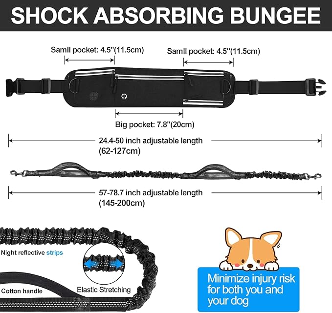 Hands Free Dog Leash with Zipper Pouch, Waist Leash for Dog Walking and Running, Dual Padded Handles, Shock-Absorbing Bungee for Medium to Large Dogs