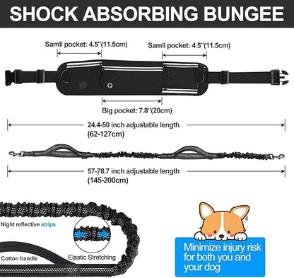 Hands Free Dog Leash with Zipper Pouch, Waist Leash for Dog Walking and Running, Dual Padded Handles, Shock-Absorbing Bungee for Medium to Large Dogs