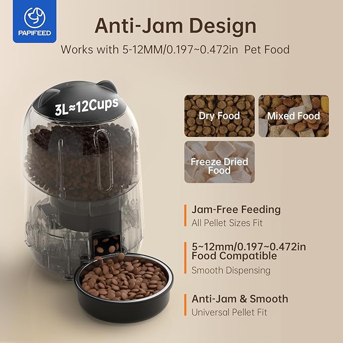 PAPIFEED Automatic Cat Feeder, App-Controlled WiFi Auto Food Dispenser with Dual Power Backup, Slow Feeding Mode, 3L Easy-Clean Feeder for Cats & Small Dogs (Black)