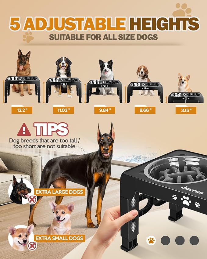 Elevated Dog Bowls for Medium Large Size Dogs, Non-Slip Dog Feeder with 1*Stainless Steel Dishes & 1*Slow Feeder Bowl, 5 Heights Adjustable Raised Bowls to 3.15″-8.66″-9.84″-11.02″-12.2″