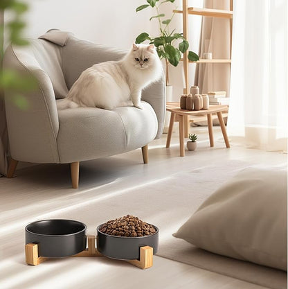Kimdio Ceramic Dog Bowls with Wood Stand, 13.5OZ Pet Bowls Set of 2 for Medium Small Dogs and Cats - Non-Slip Base Cute Pet Food & Water Basic Bowls Glaze Matte-Black