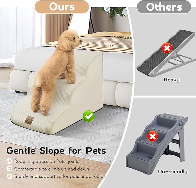 Mestuel Dog Stairs for Small Dogs, Pet Stairs Steps for Couch Sofa Bed, 3-Tiers Dog Stairs Ramp Ladder to Sofa Bed, Pet Stairs Steps for Old Injured Dogs Cats, Non Slip Bottom, Beige