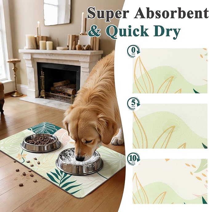Topotdor Boho Dog Food Mat - Absorbent Quick-Dry Cat Bowl Mat for Food and Water, Non-Slip Pet Feeding Placemat for Messy Drinkers Dog Accessories Pet Supplies, 12"x20", Green