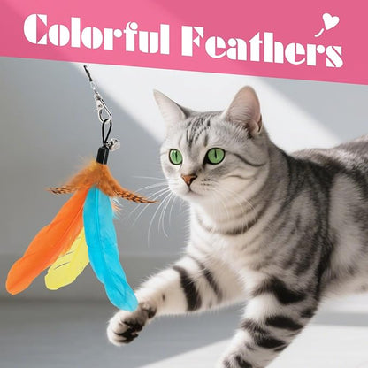 SONGWAY Cat Wand Toys for Indoor Cats - Cat Toy Set with Retractable Teaser Wand and 6 PCS Colorful Large Feather Toy Refills, Butterfly Tassel Plush Cute Cat Toys Interactive