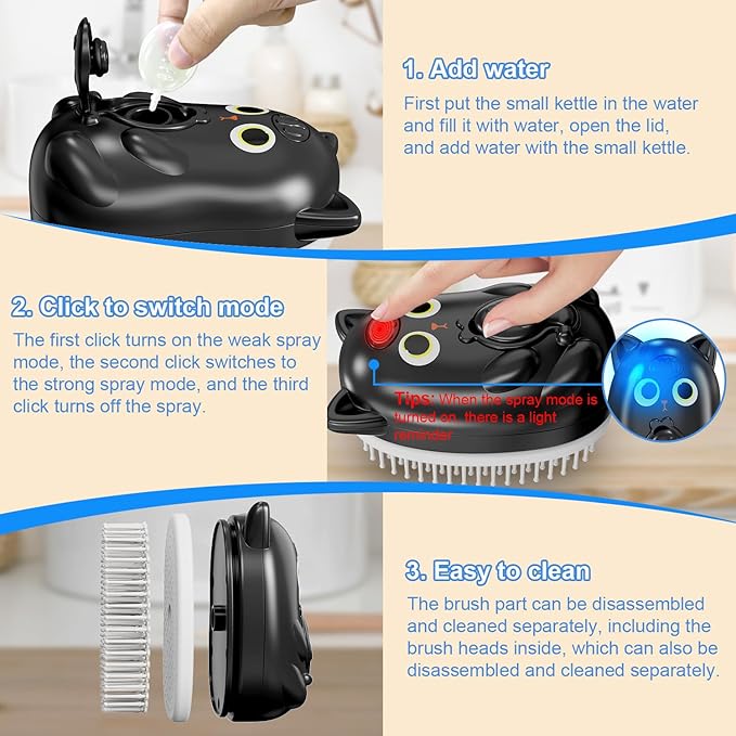 3 in 1 Cat Steam Brush for Shedding, Pet Steam brush for Dog & Cat Shedding & Grooming, for Long & Short Haired Pets, Spritz Defur Comb (black)