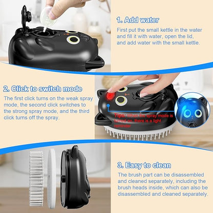 3 in 1 Cat Steam Brush for Shedding, Pet Steam brush for Dog & Cat Shedding & Grooming, for Long & Short Haired Pets, Spritz Defur Comb (black)