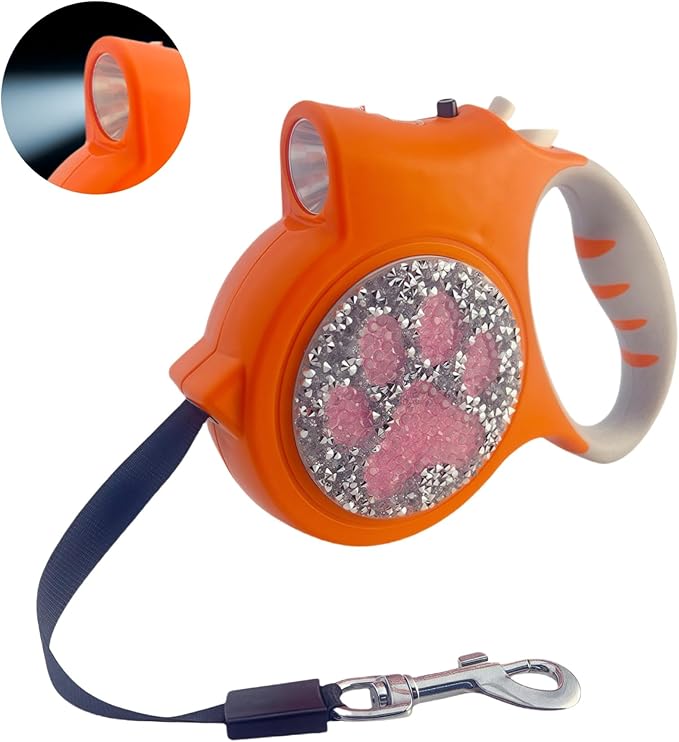 Led Retractable Dog Leash – 16ft Leash with Handcrafted Sparkle Detail Tangle-Free One-Hand Brake Soft Grip Handle for Small & Medium Dogs Up to 77lbs (DL-Orange)